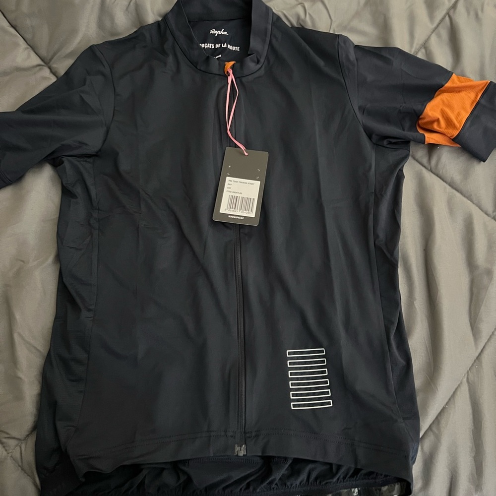 Rapha Mens biking training jersey, large, navy blue and orange